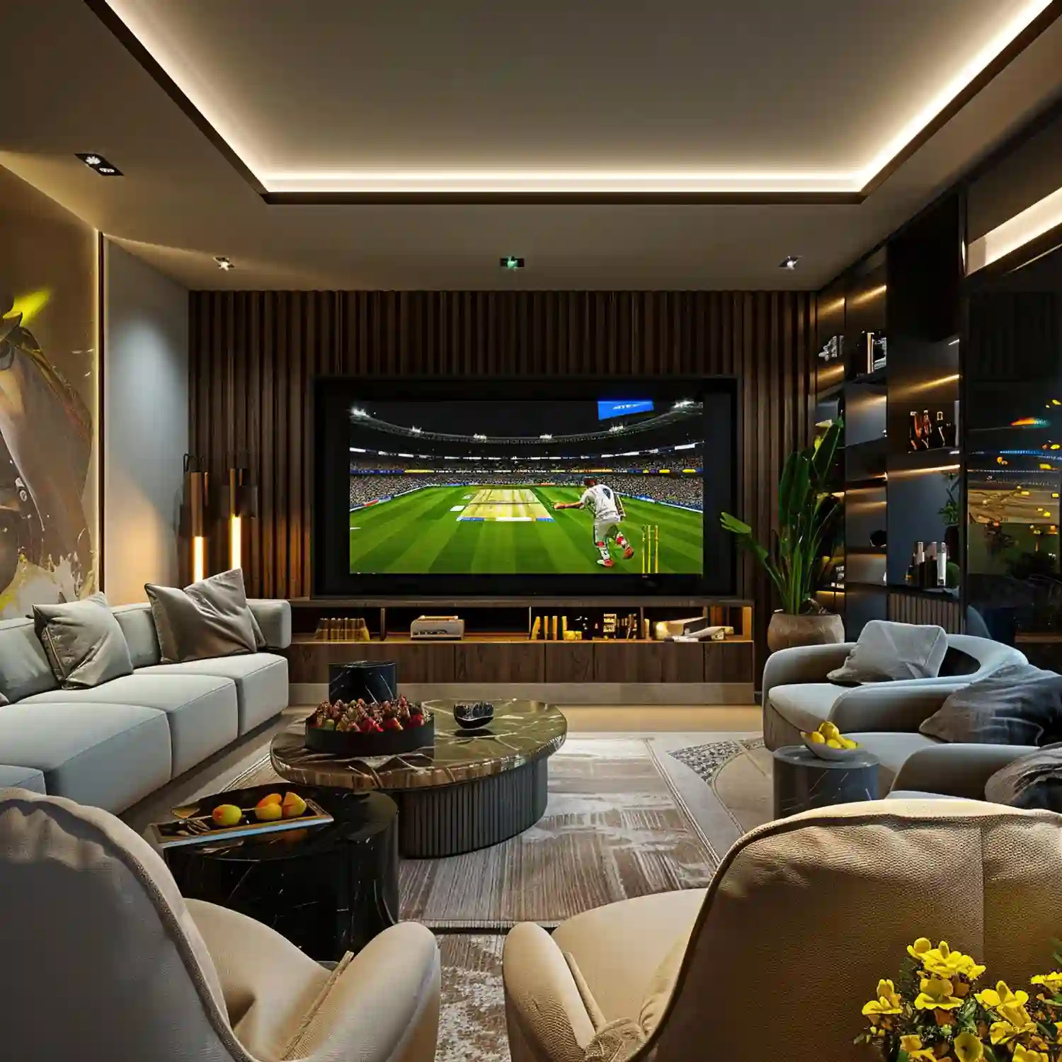 Wall-mounted television facing a measured sofa position with window glare kept outside the viewing angle