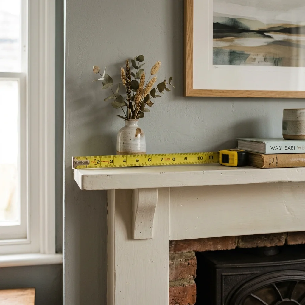 Tape measure laid across a painted mantel shelf showing its depth from the wall to the front edge, with dried stems and books alongside