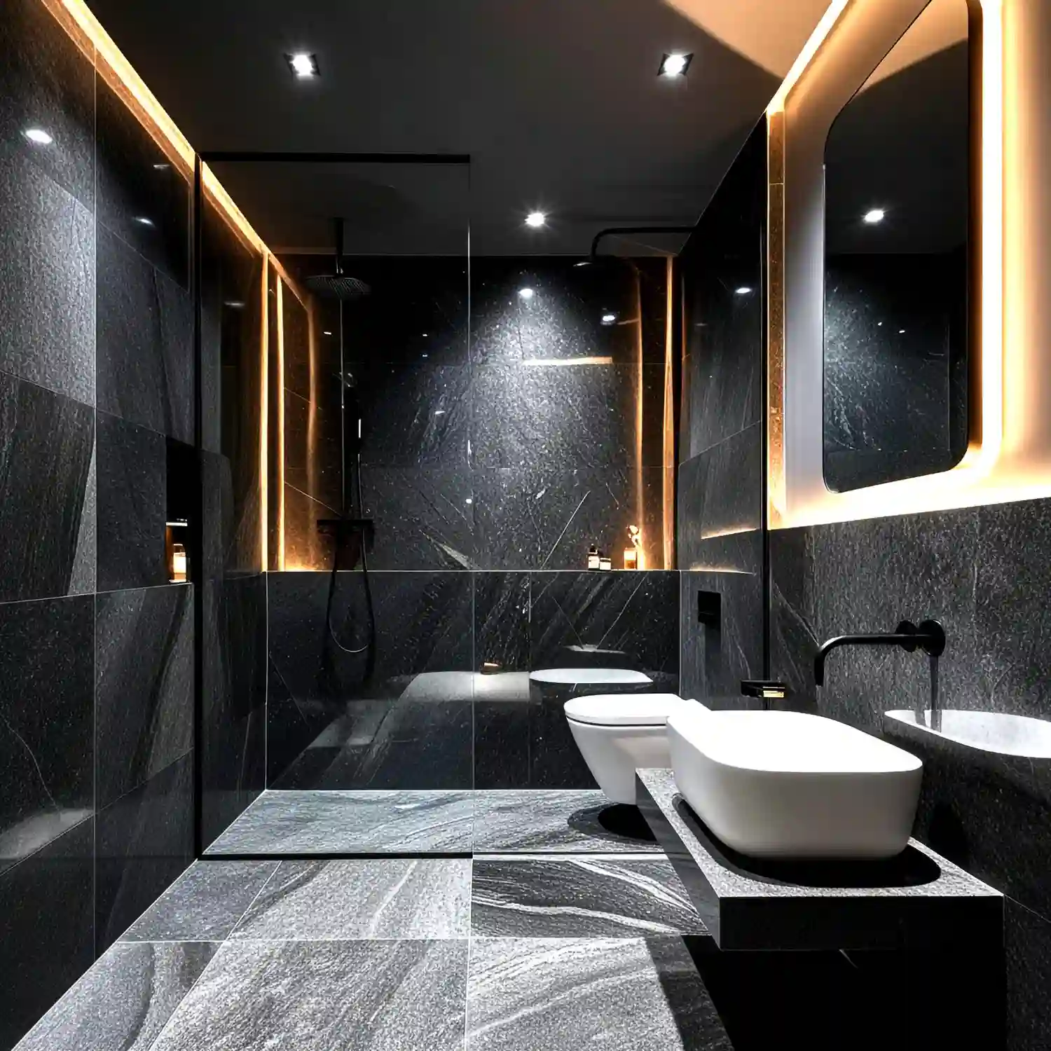 Marble shower wall with soft grey veining and a brushed brass shower head