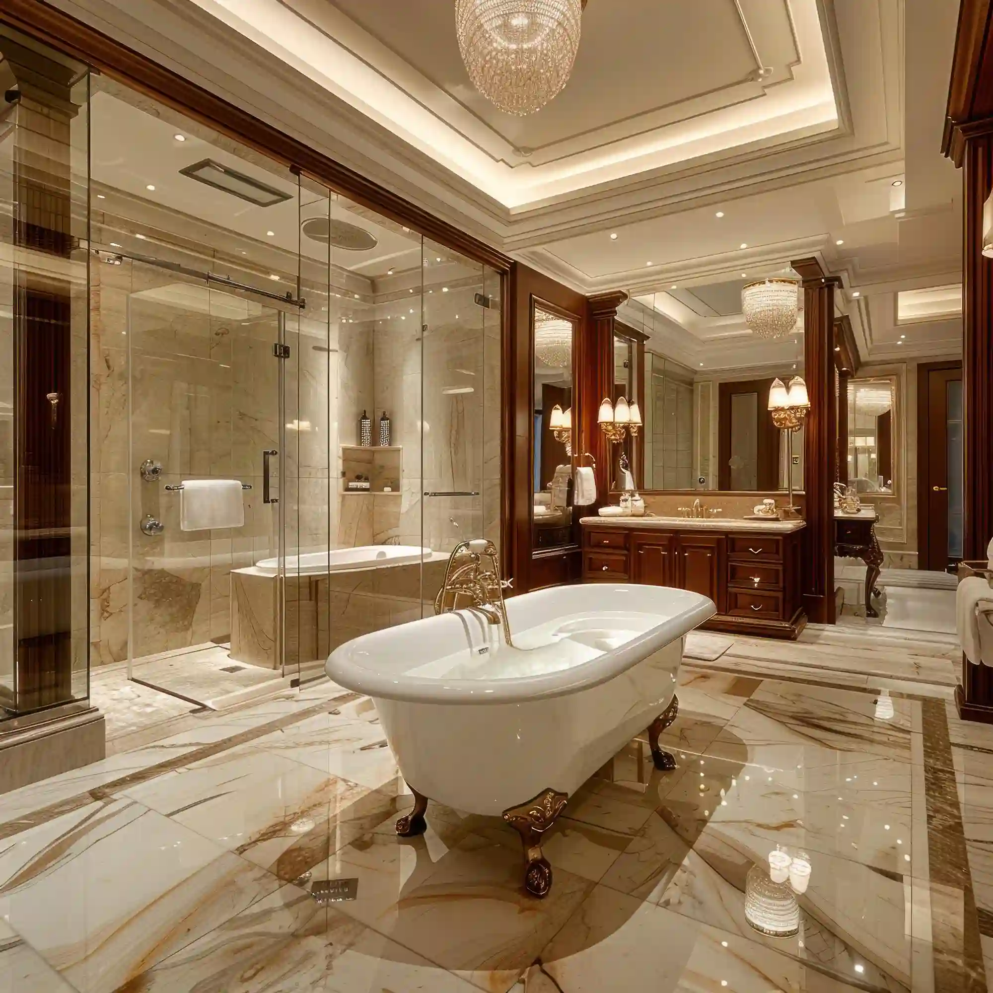 Floor-to-ceiling Calacatta marble slab shower wall with no visible grout lines