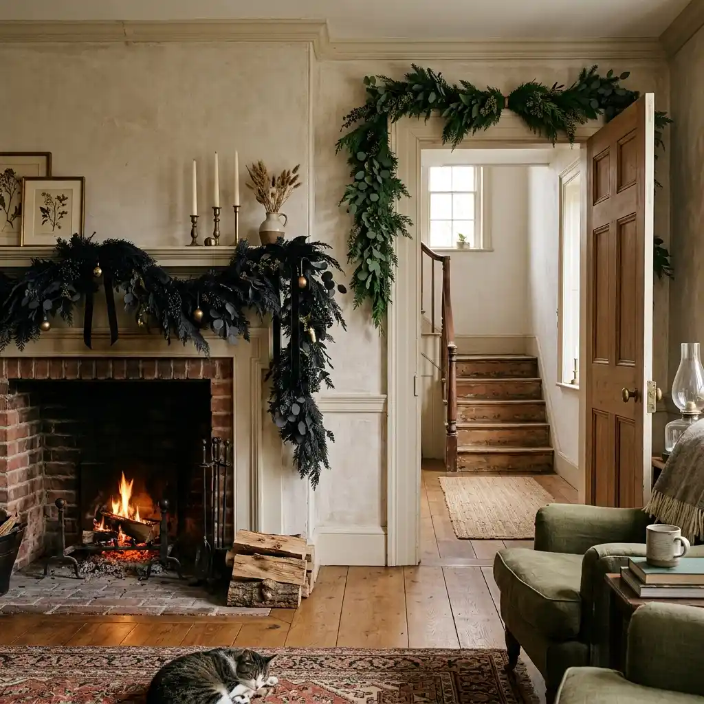 Black-dyed garland draped along a fireplace mantel with matching green garland running over the interior doorway beyond