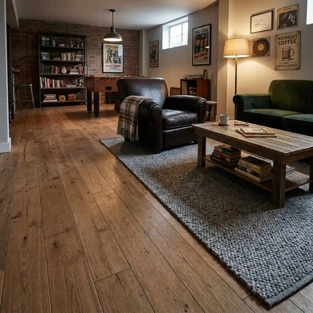 Matte sealed concrete floor in an industrial man cave with black steel shelving and a pool table