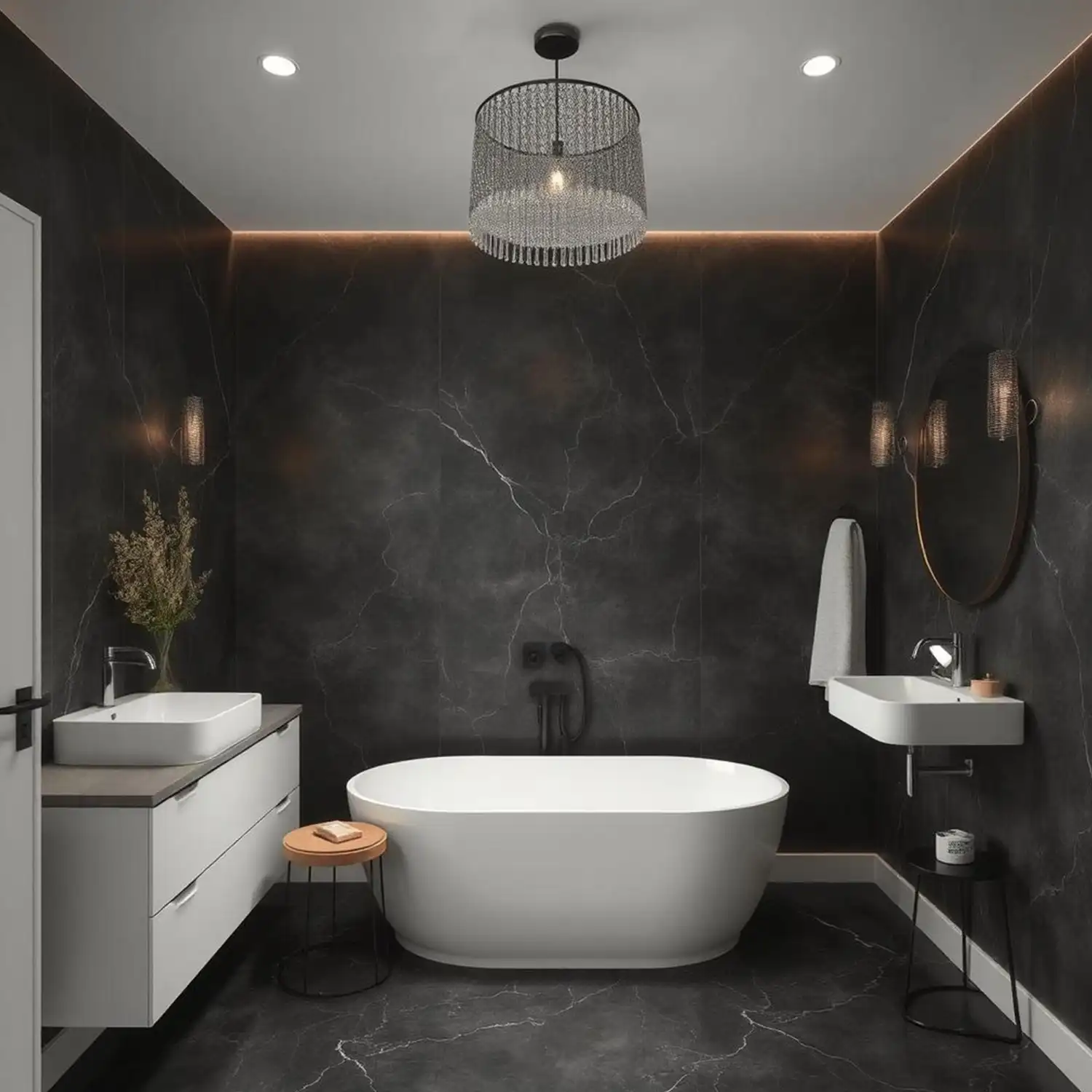 Bathroom wall mixing matte black paint with glossy black tile so light catches the surface