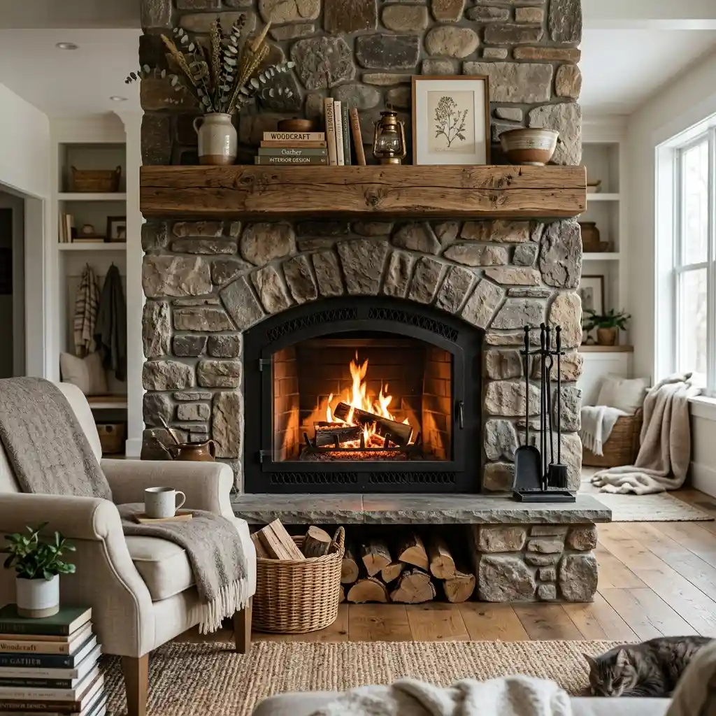 Thick reclaimed beam mantel on a stone fireplace with a lit fire, styled with dried stems in a stoneware jug, books, a brass lantern and a framed botanical print