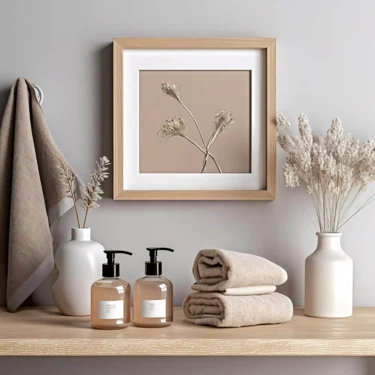 Flat lay of bathroom styling essentials including wood samples, brass hardware, and tile swatches