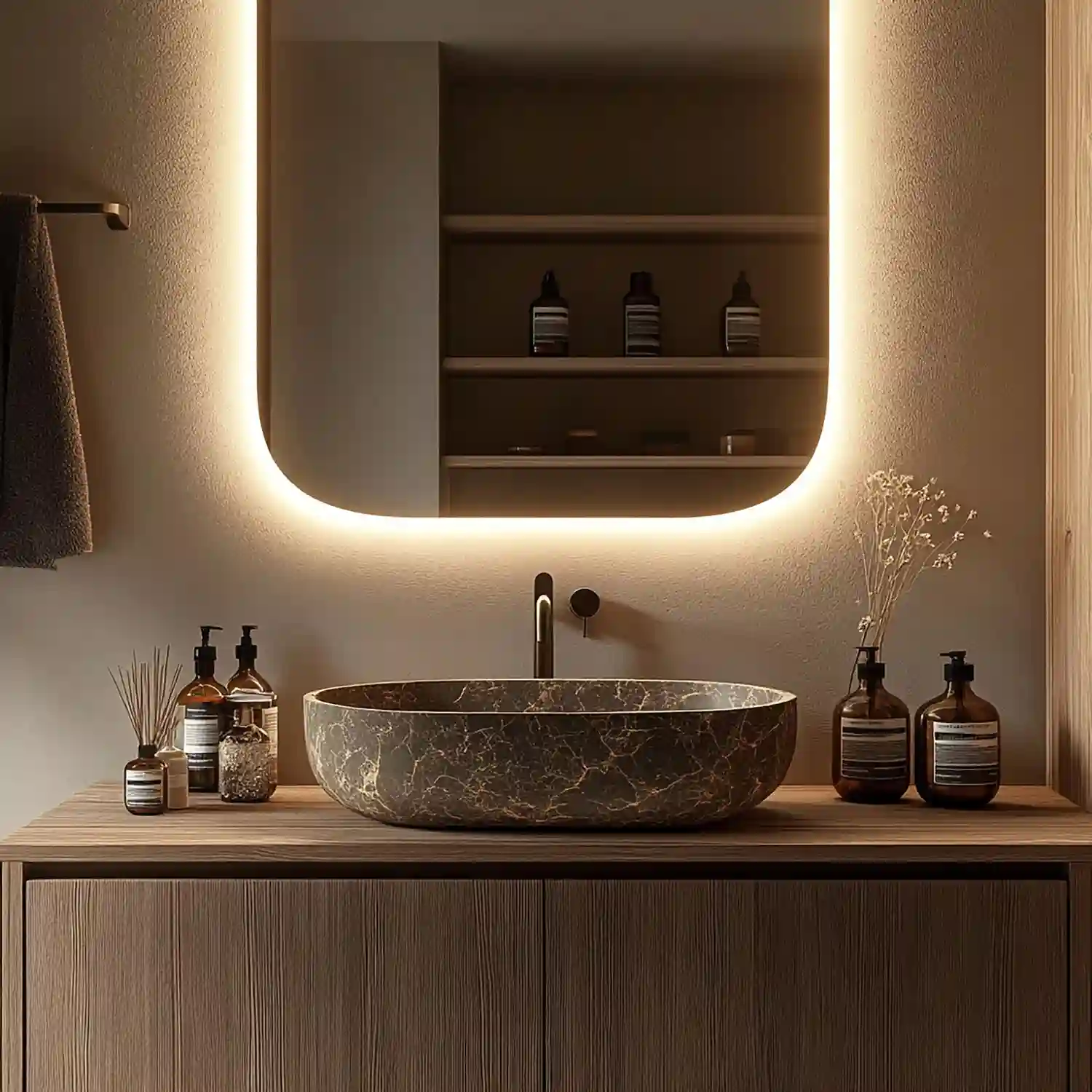 Collage of mid century modern bathroom ideas showing walnut vanity, terrazzo tile, and brass fixtures