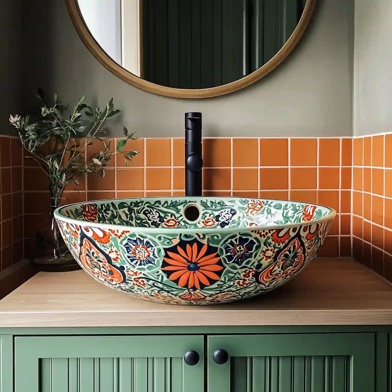 Warm mid century modern bathroom vignette with walnut, brass, and terrazzo details grouped together