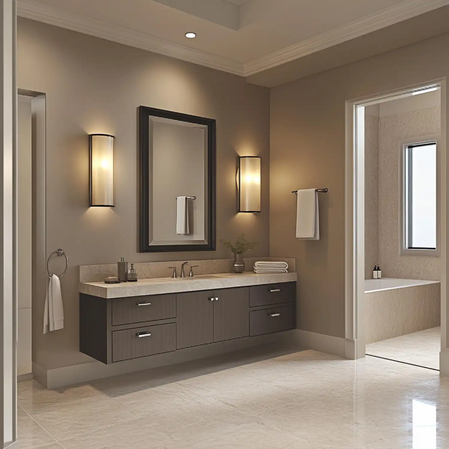 Mid-gray painted vanity with wood counter beneath lighter pale gray bathroom walls
