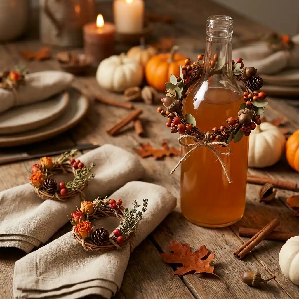 Mini grapevine wreaths used as napkin rings and slipped over a bottle neck on a candlelit fall table