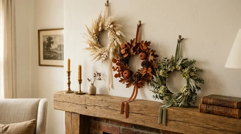 Cluster of three mini fall wreaths in cream, umber, and sage tones displayed on a mantel at staggered heights