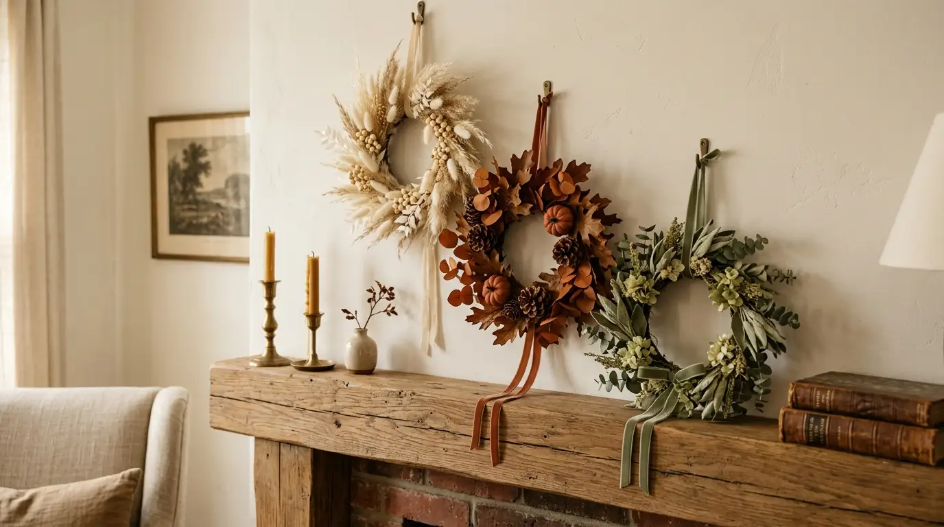 Cluster of three mini fall wreaths in cream, umber, and sage tones displayed on a mantel at staggered heights