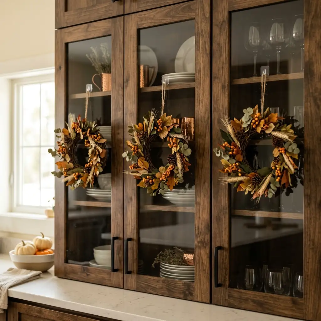 Three mini fall wreaths hung on glass-front kitchen cabinet doors on ribbon hangers