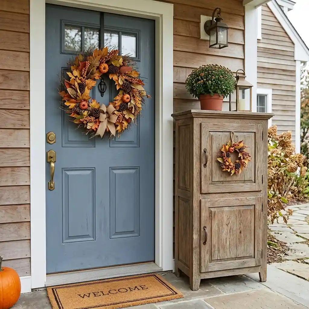 Full-size fall wreath on a blue front door beside a mini wreath on a weathered outdoor cabinet for scale