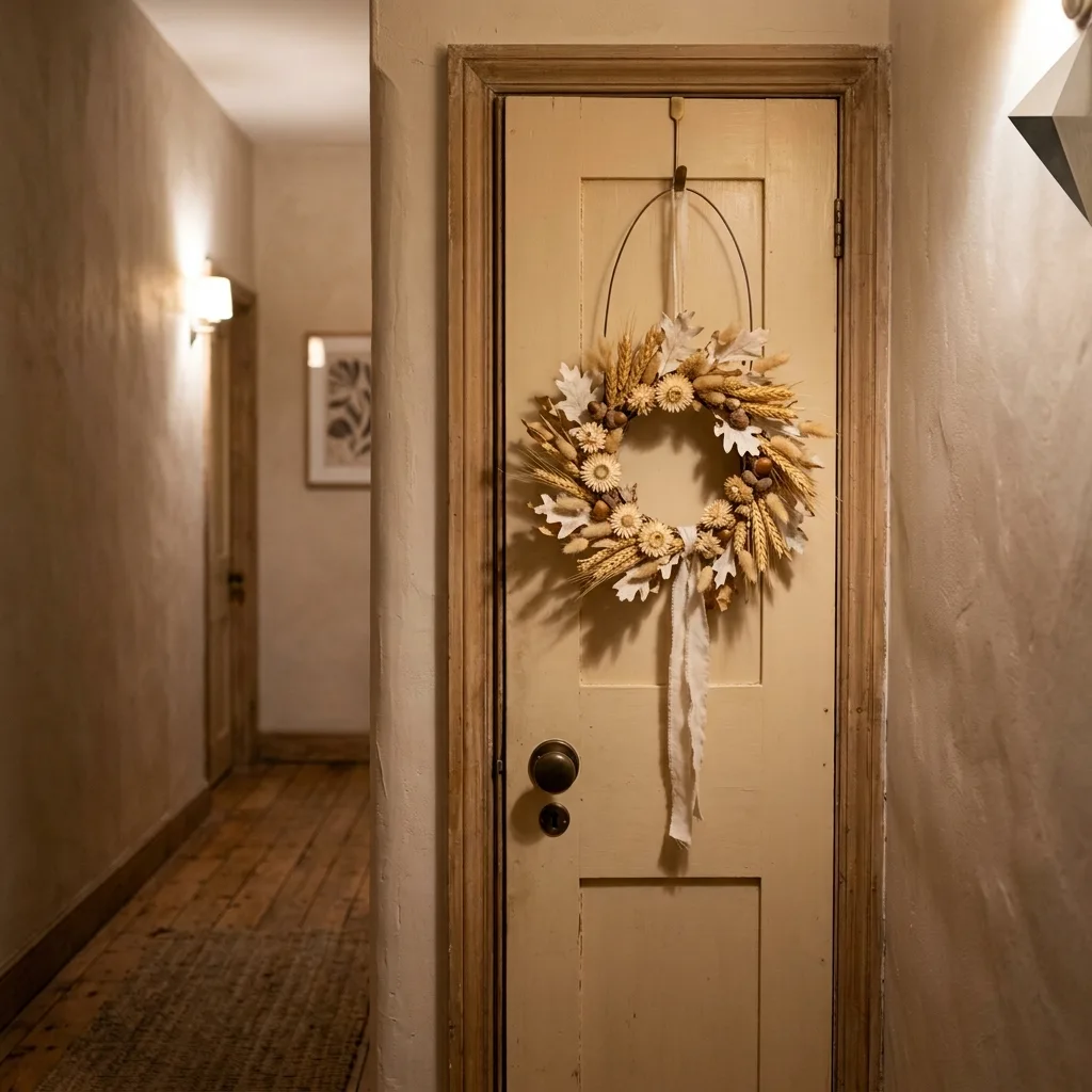 Dried wheat and bleached-leaf wreath on a cream interior hallway door lit by a wall sconce