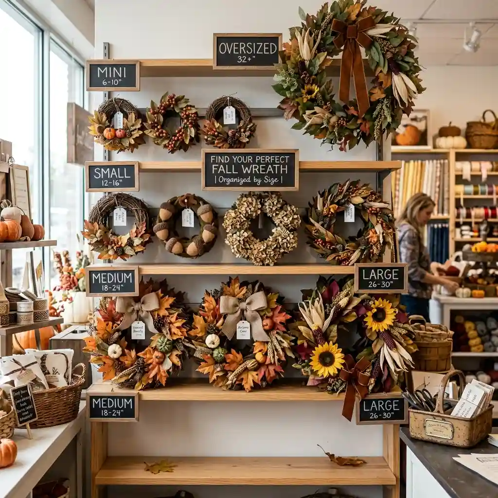 Shop display of fall wreaths organised by size with chalkboard labels from mini 6-10 inches to oversized 32 inches