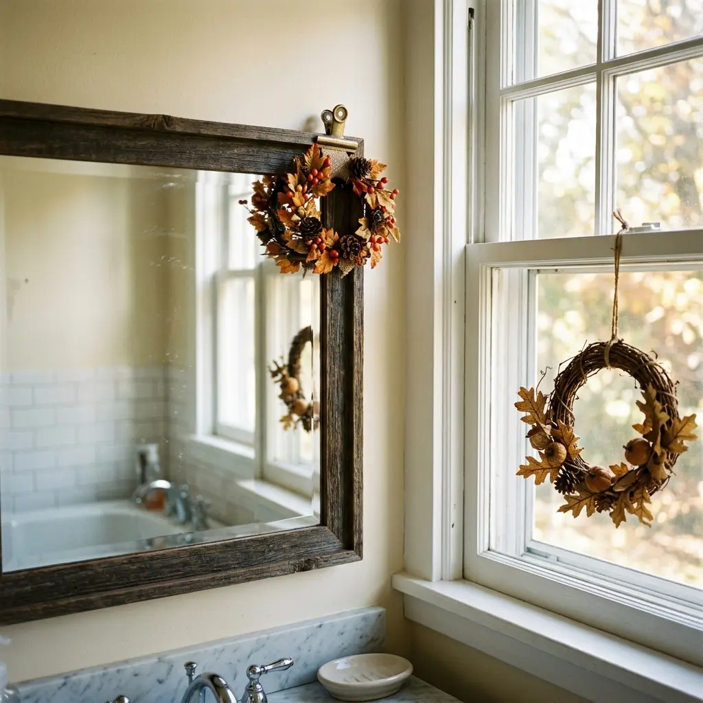 Small fall wreath clipped to a rustic bathroom mirror frame with a second mini wreath hanging in the window