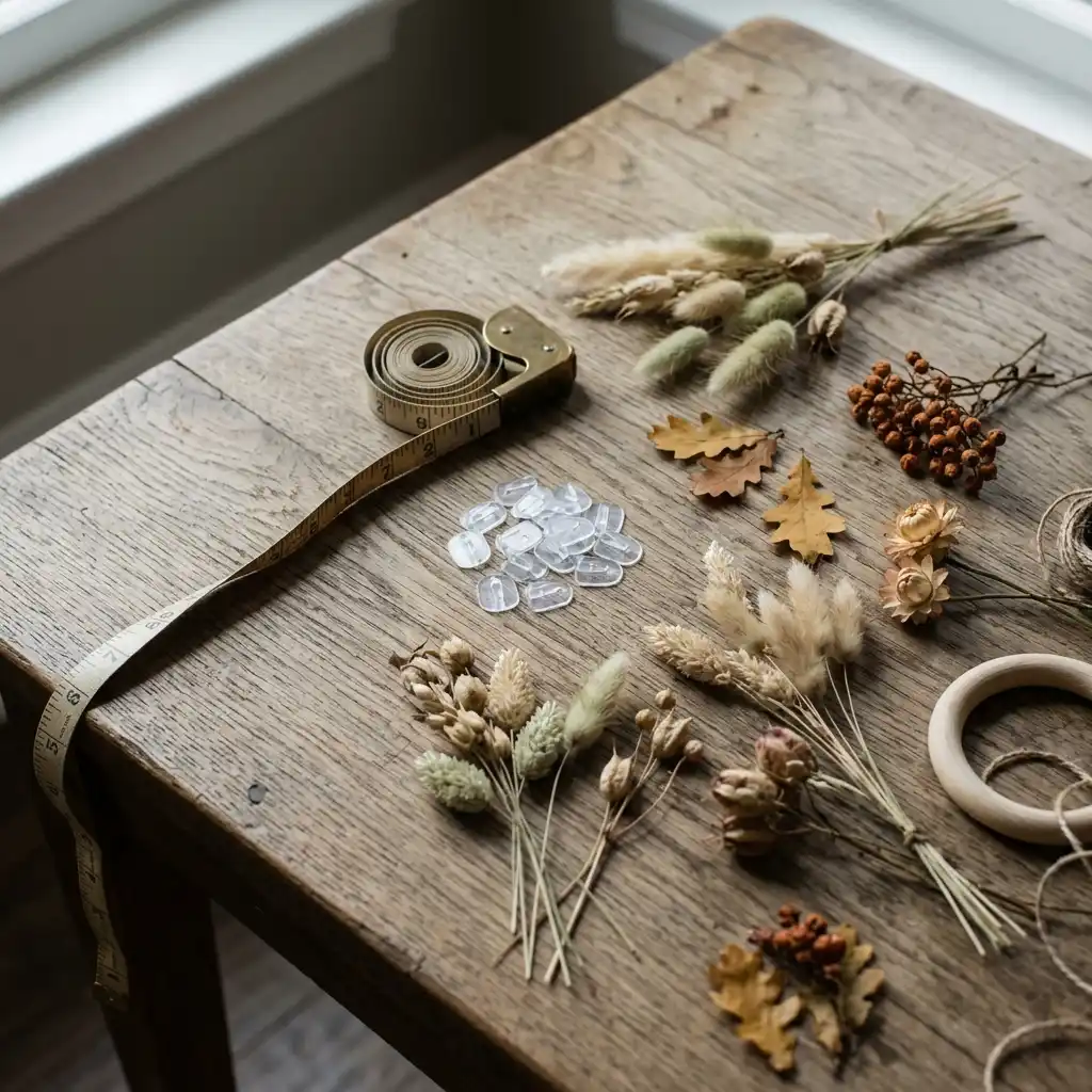 Flat lay of a tape measure, small clear adhesive hooks and miniature dried stem bundles for mini fall wreath making