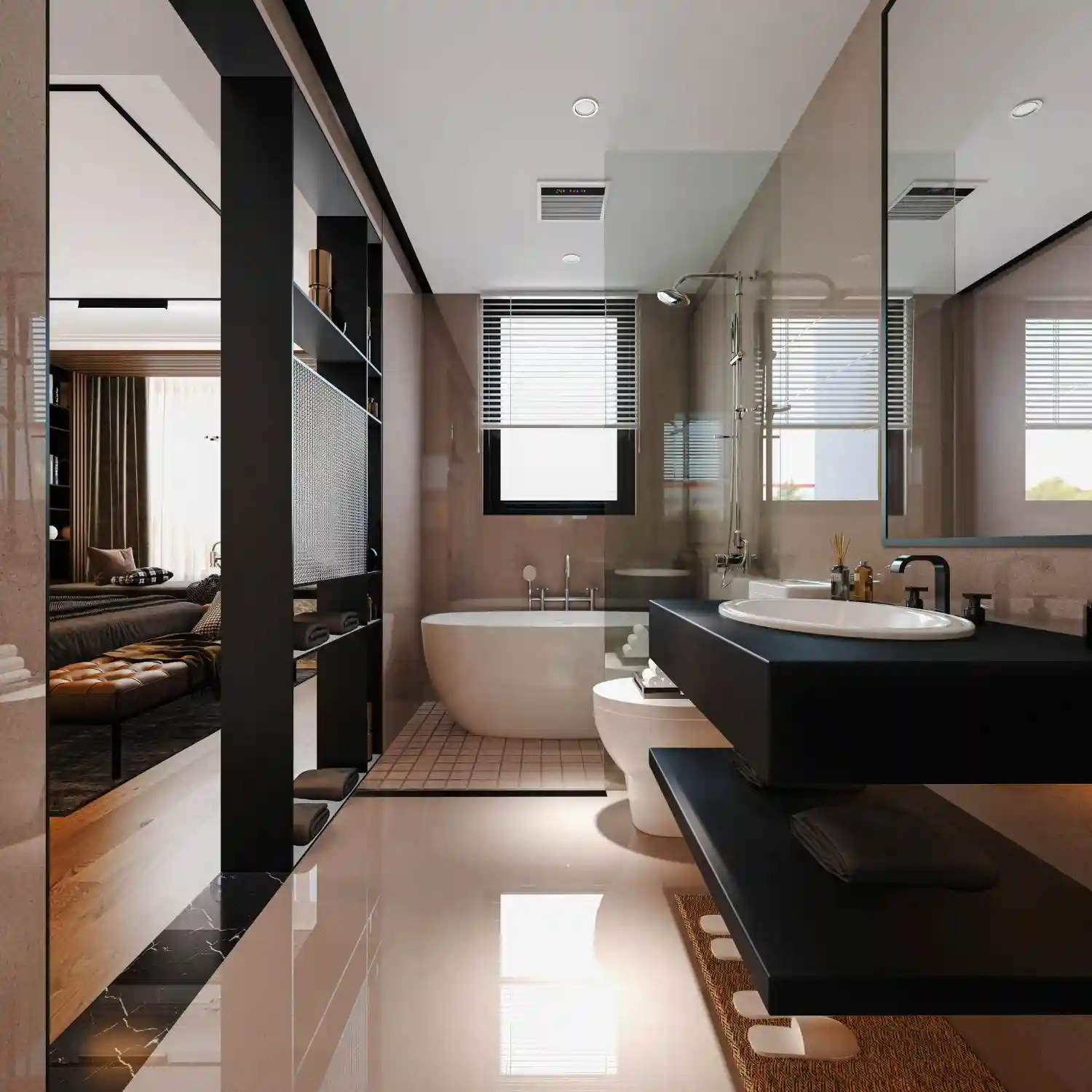 Minimalist bathroom in warm white with wall-hung toilet, single-slab counter, and handleless cabinets