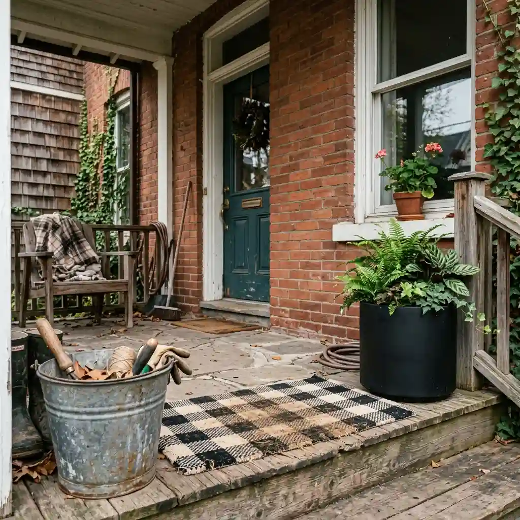Porch holding clashing pieces including a checked mat, a modern black planter and a galvanized bucket together