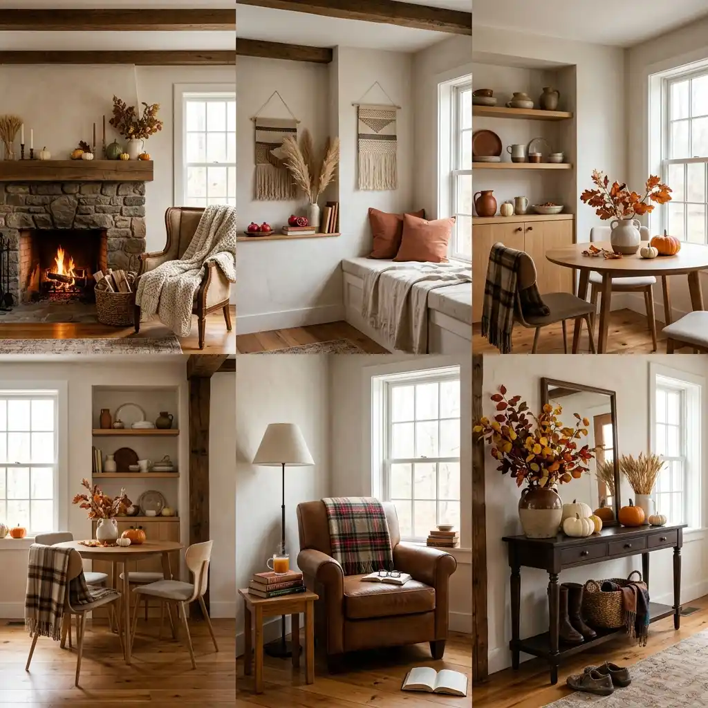 Six styled autumn corners shown as a grid, including a stone fireplace, a window seat, two dining nooks, a leather armchair and a dark console table