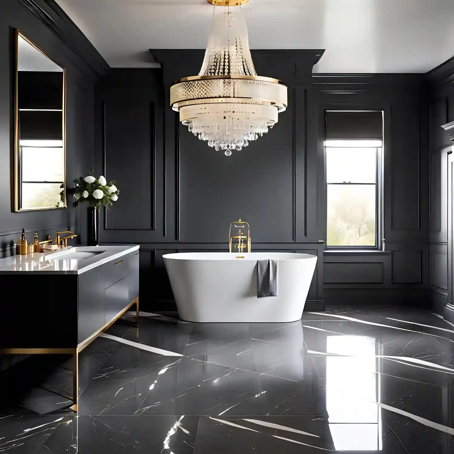 Modern bathroom with handle-less cabinetry, frameless glass shower, and large-format floor tile