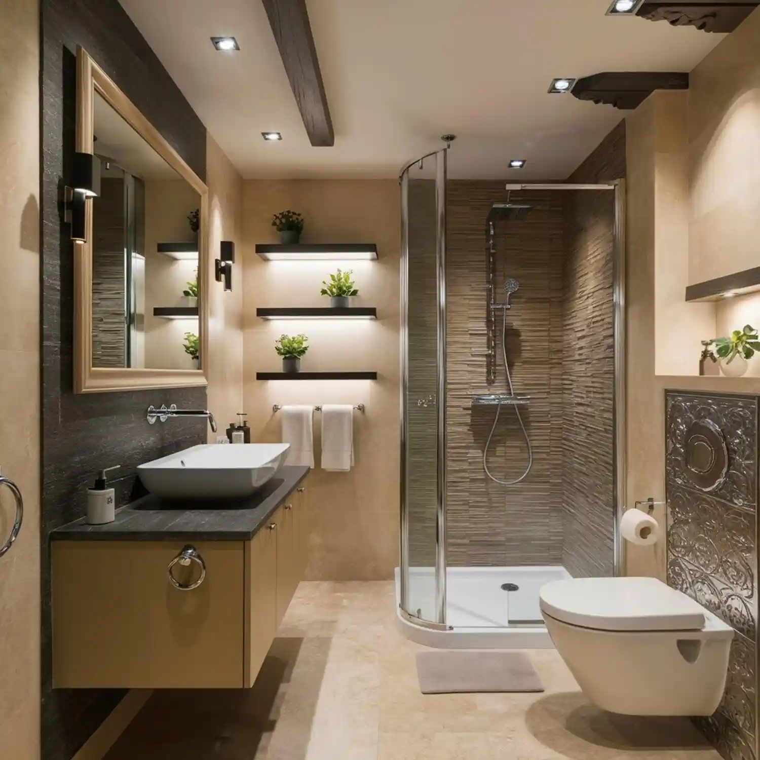 Sleek modern bathroom vanity scene with frameless mirror, warm lighting, and brushed brass faucet