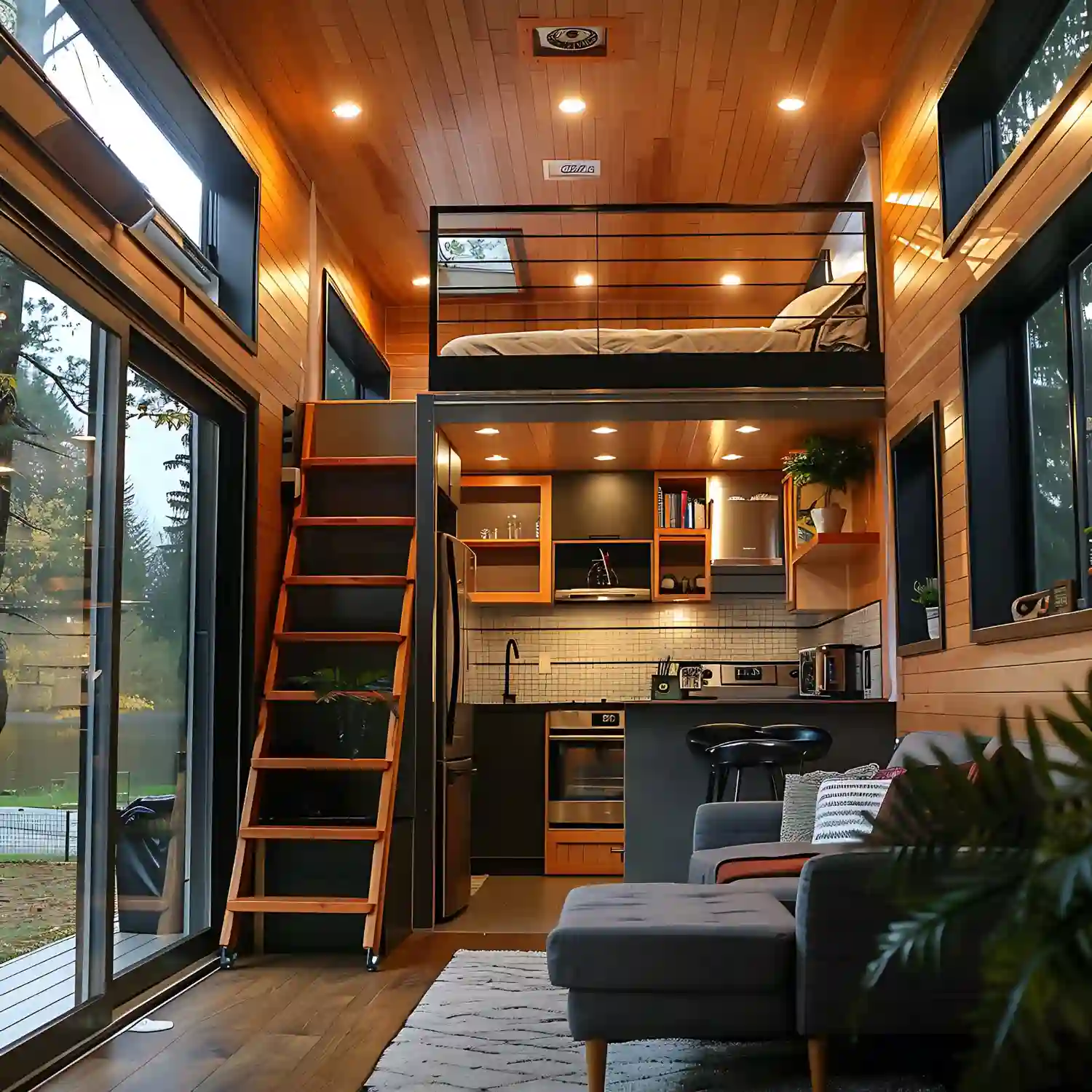 Matte-black media shed with compact grey sofa, walnut console, low-pile rug, full curtains, and warm lamps