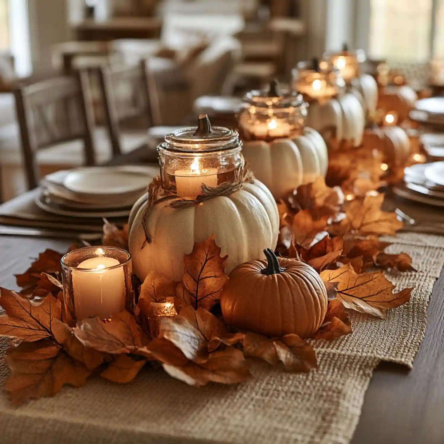Modern fall tablescape ideas shown with matte stoneware, brass candlesticks, and seeded eucalyptus