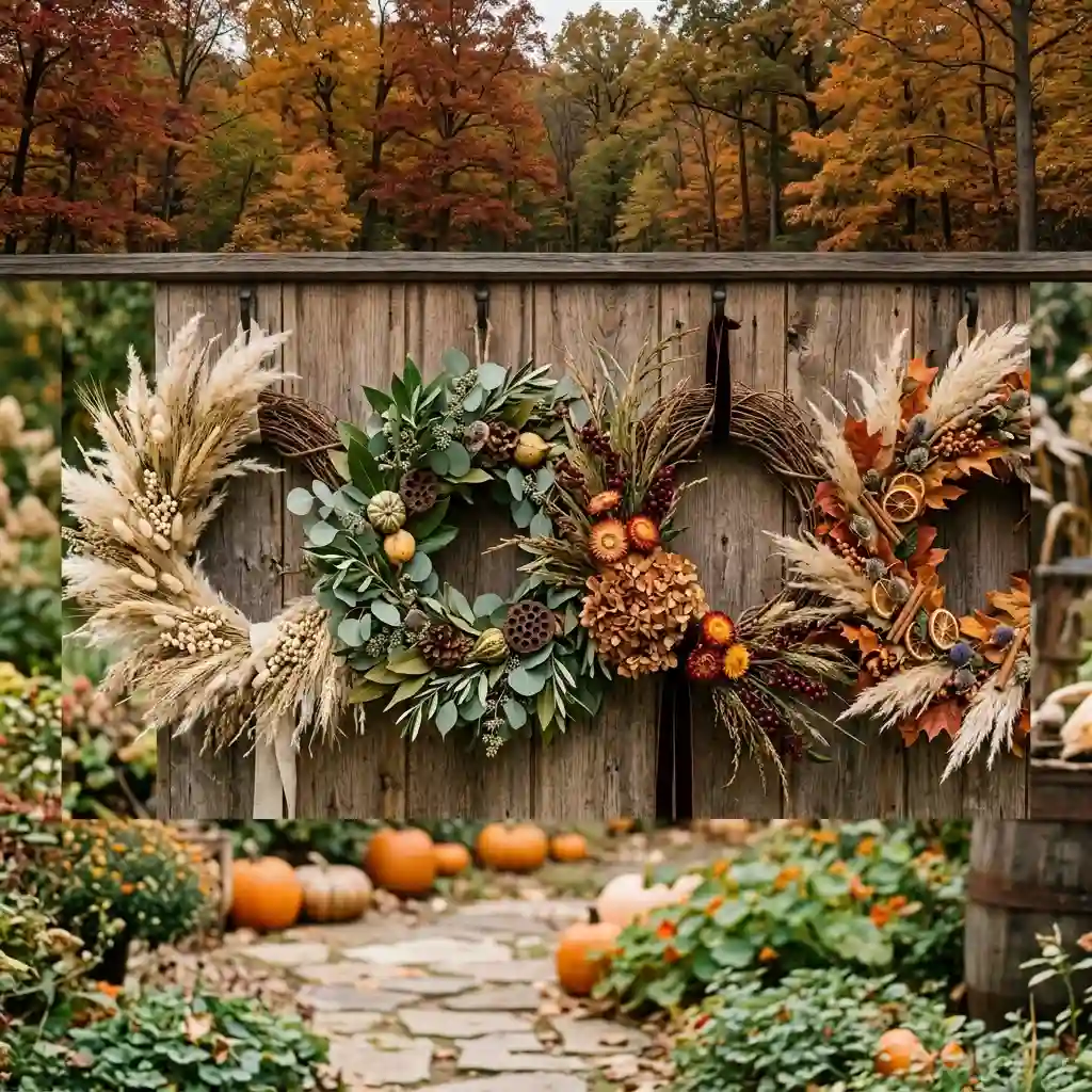 Several modern fall wreath styles displayed side by side in dried grass, greenery and grapevine