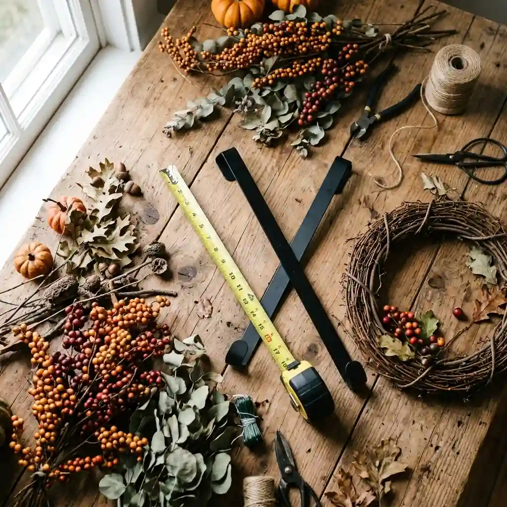 Flat lay of a tape measure, black over-door wreath hanger, berry sprigs, eucalyptus, oak leaves, twine and a grapevine ring on a wood table