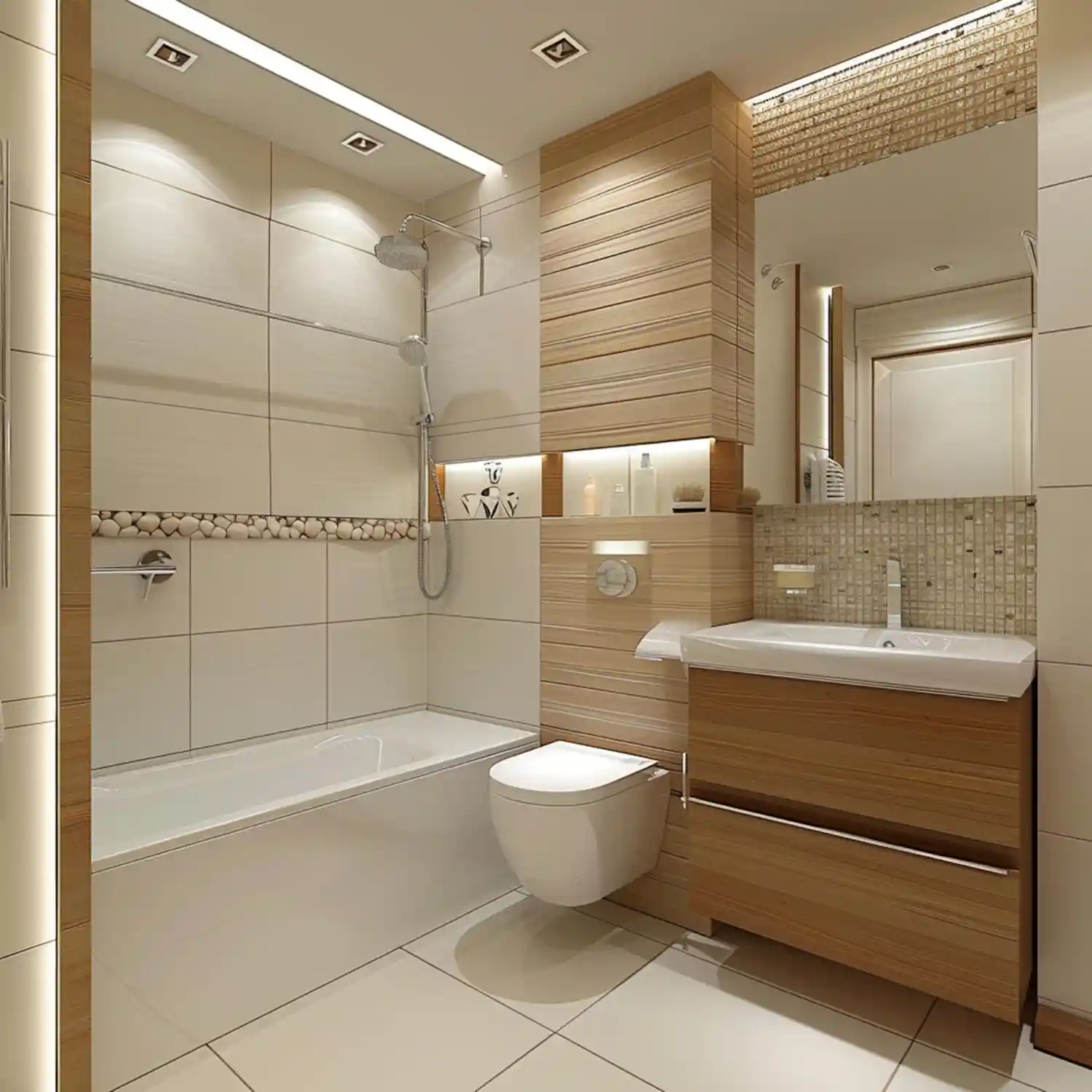 Refined farmhouse bathroom overview with greige walls, apron sink, oak vanity, and warm layered lighting