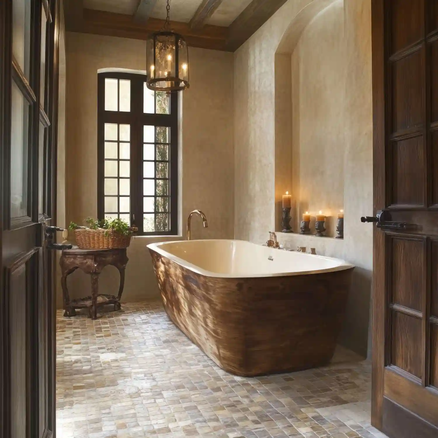 Farmhouse bathroom foundation with warm greige walls, white trim, oak vanity, and soft off-white ceiling