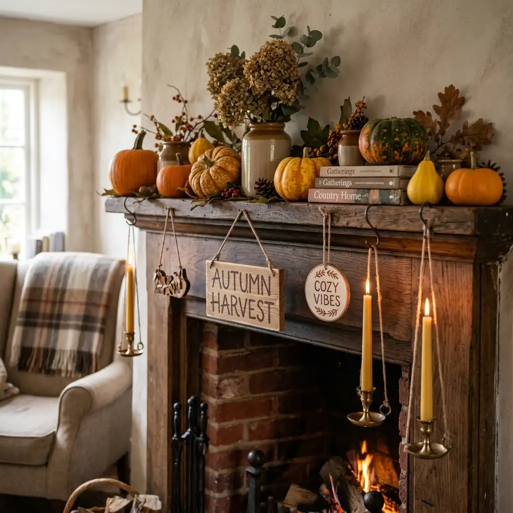 Overcrowded rustic mantel packed with pumpkins, gourds and dried hydrangea above hanging Autumn Harvest and Cozy Vibes signs and brass taper candles