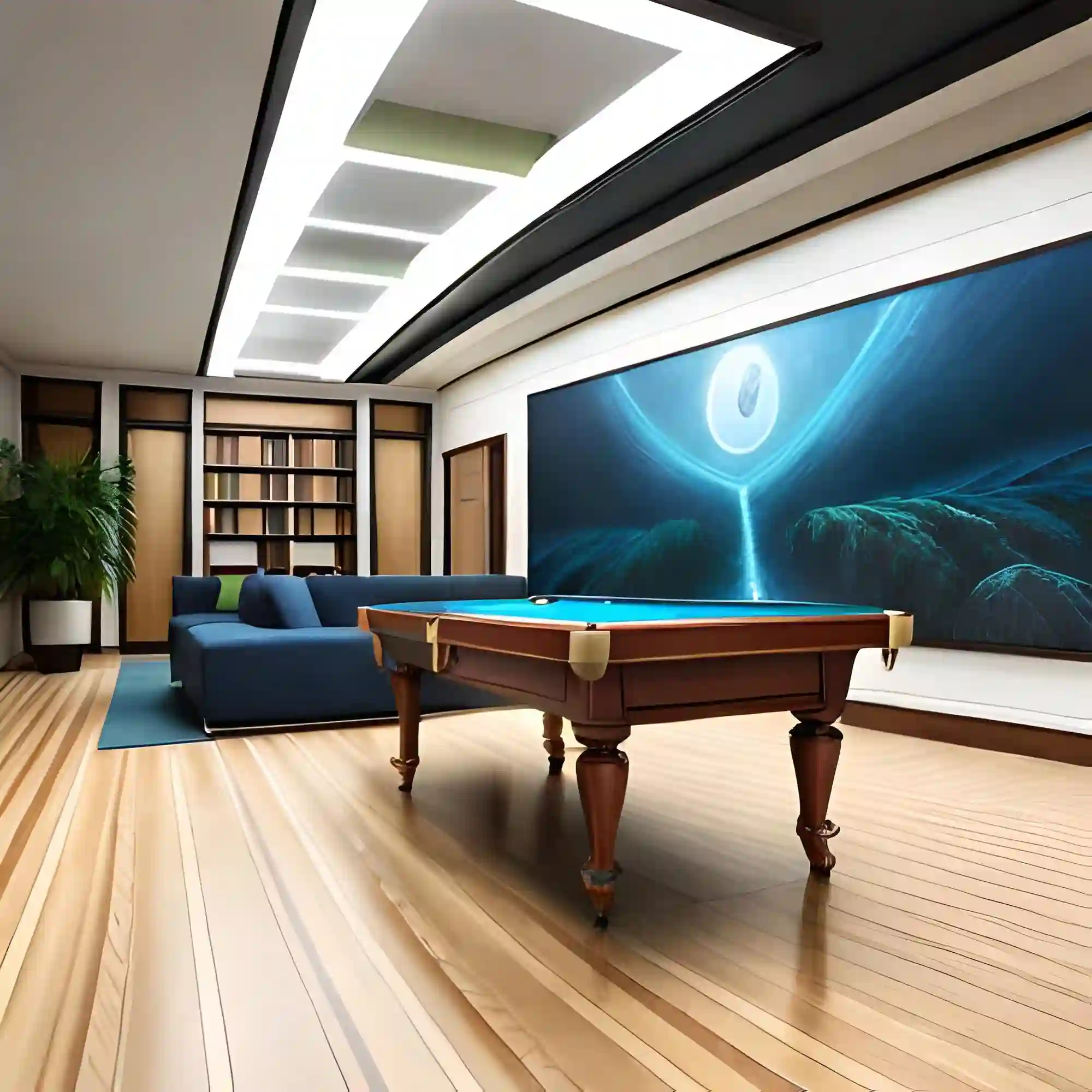 Modern matte-black pool room with a slate-blue felt table, dark walnut flooring, and one sculptural pendant