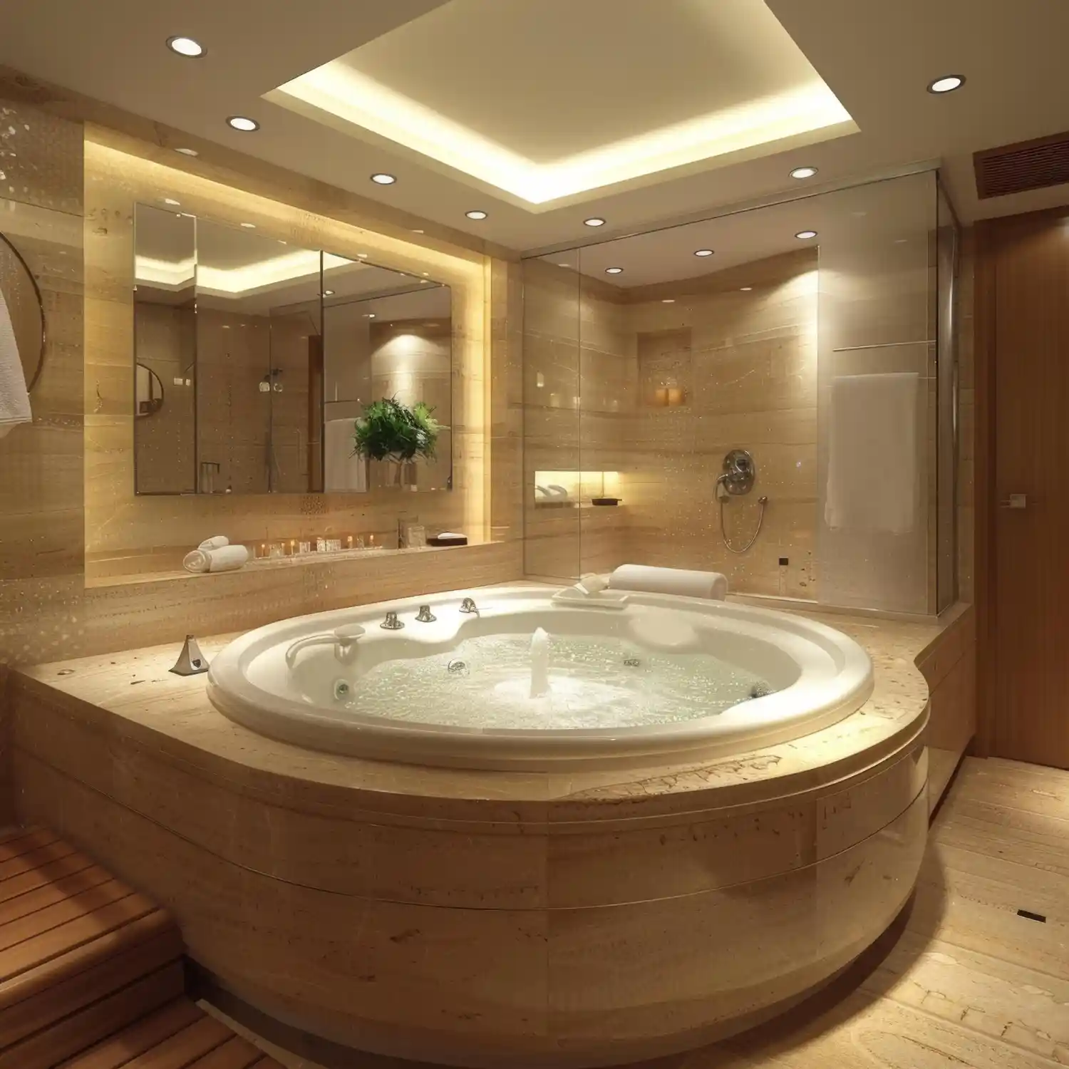 Modern spa bathroom with large-format tile, wood accents, low warm lighting, and bare counters