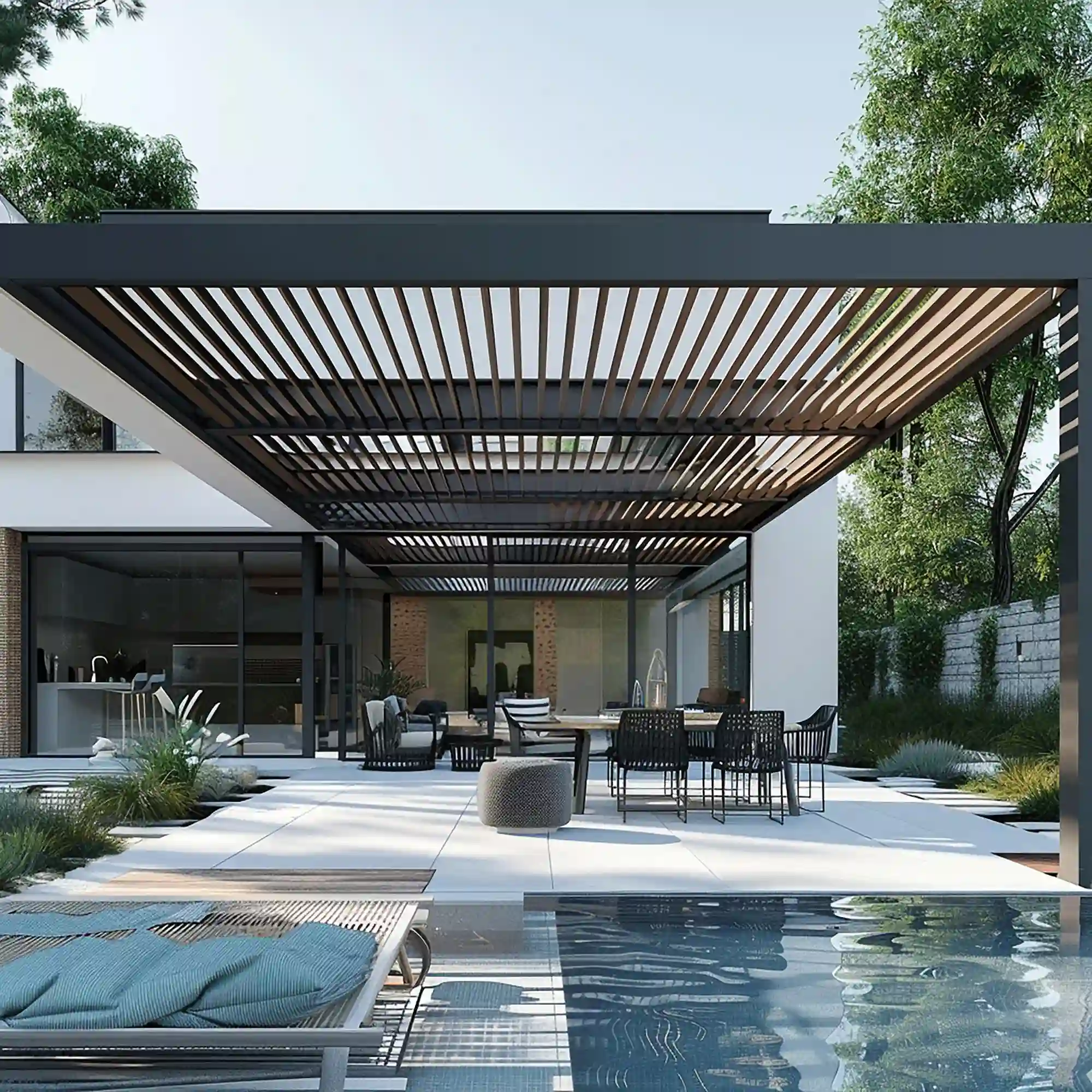 Modern black pergola over taupe lounge seating with timber slats, tall planters, and warm festoon lights