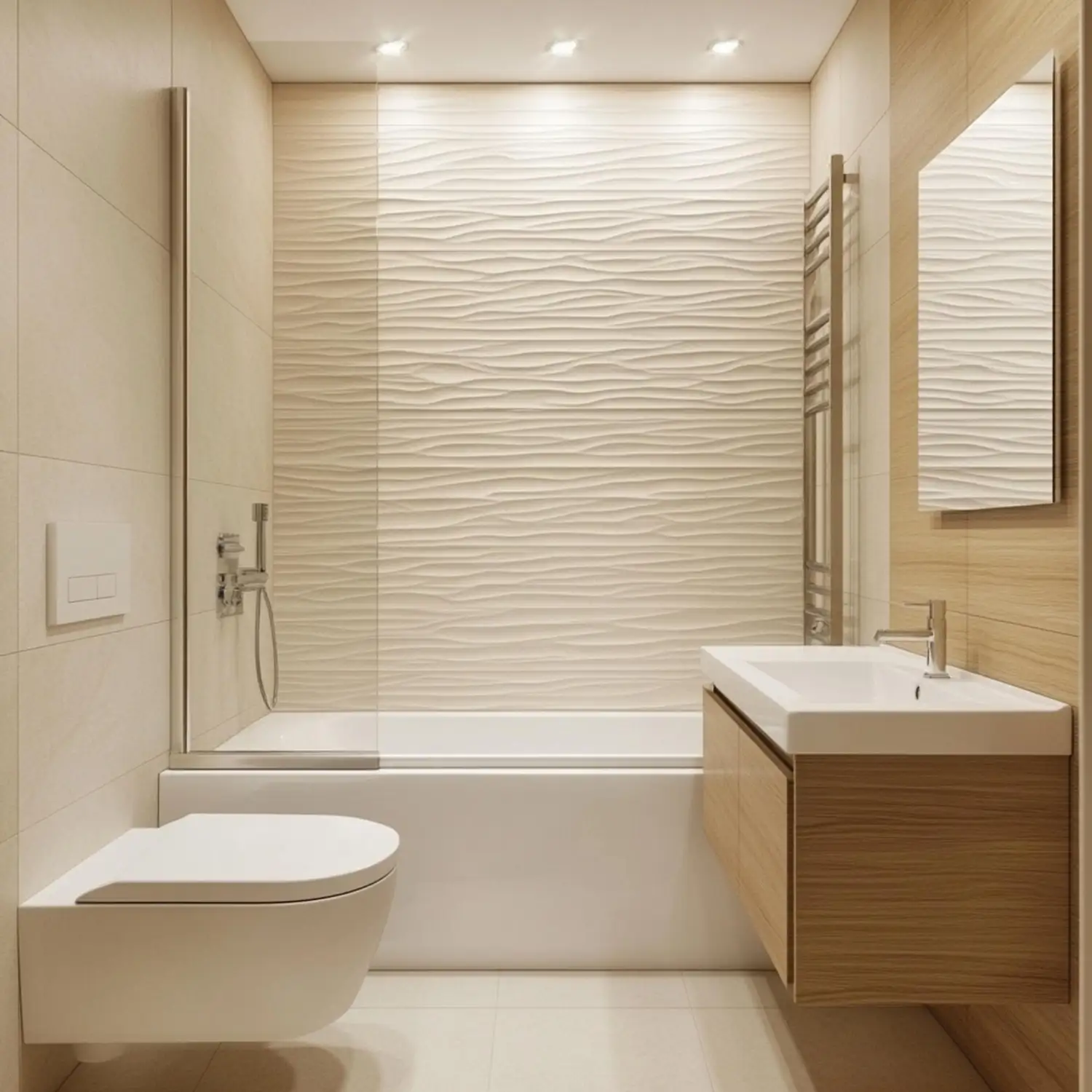 Modern shiplap bathroom with a vertical accent wall, warm greige boards, oak vanity, and matte black tap