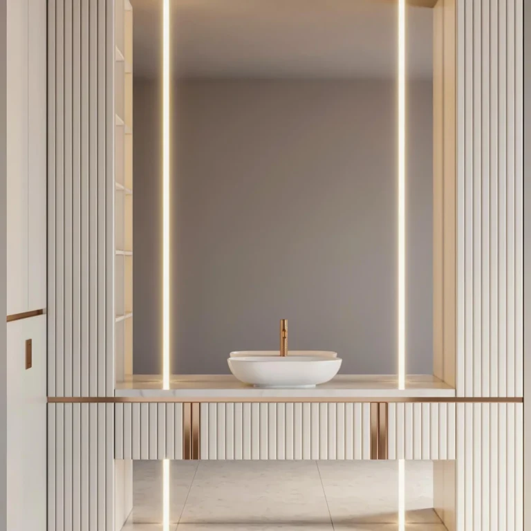Minimal bathroom vanity wall in fluted cream panelling with vertical LED strips, a stone counter and a white basin with a brass tap