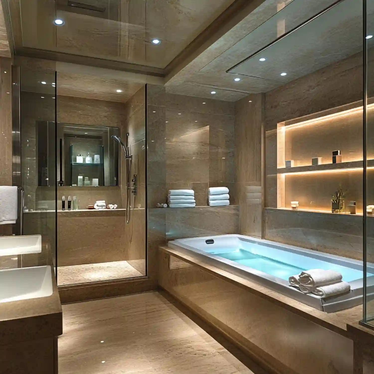 Modern spa-style walk-in shower with low-iron glass, matte black hardware, and large stone tile