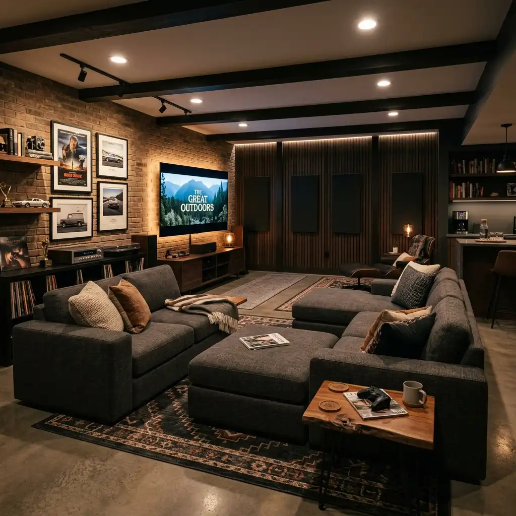 Charcoal modular sectional in a basement man cave with a clear walkway to the screen