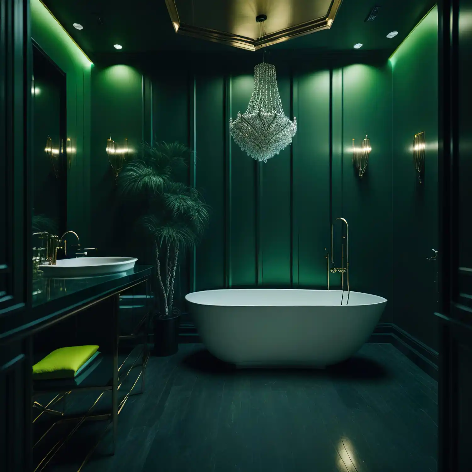 Half bath painted in deep forest green with brass hardware and warm sconce light
