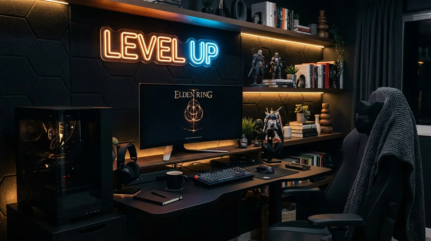 Near-black gaming setup with black desk, neon sign, dark acoustic panels, and warm LED strips