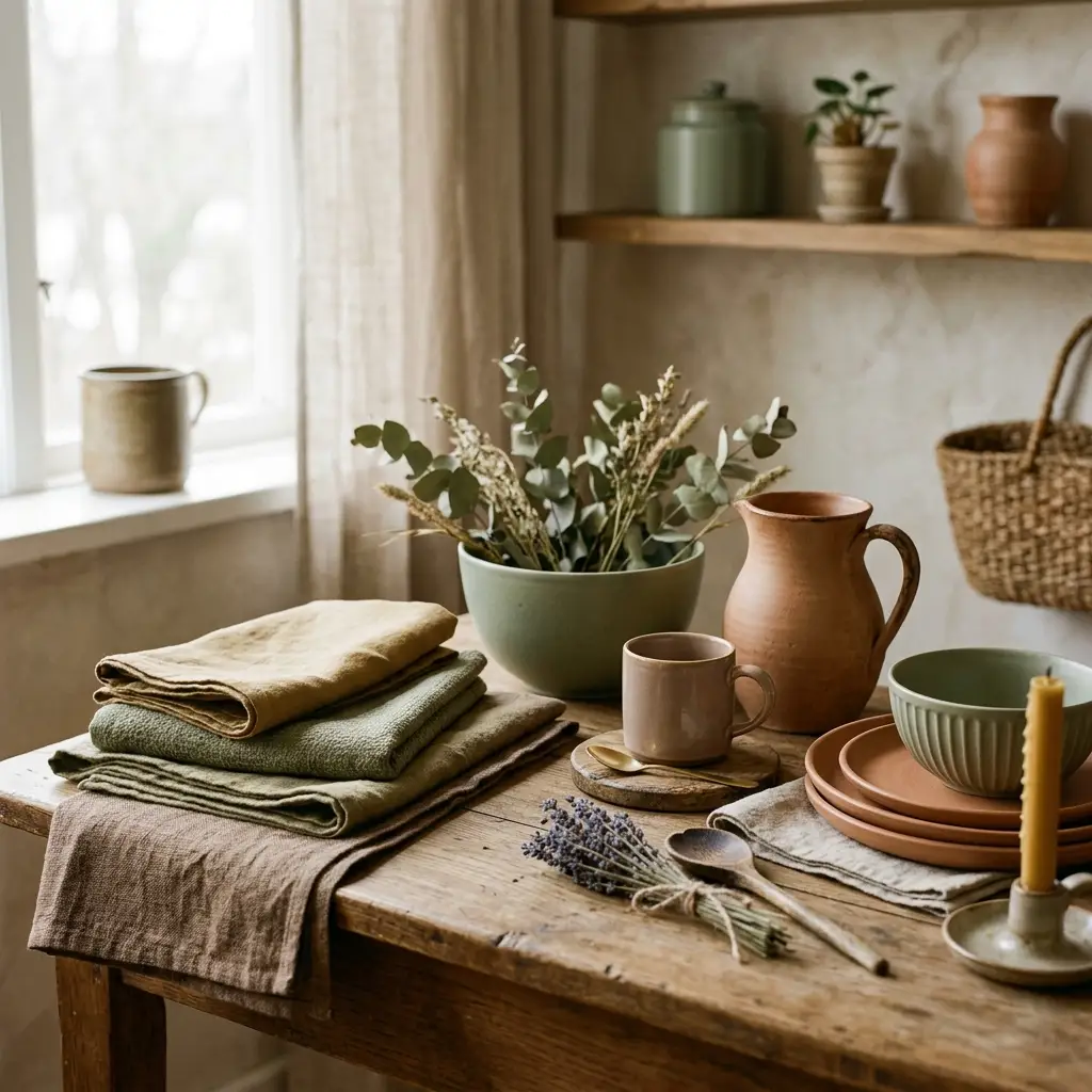 Muted autumn palette of warm khaki, soft brown, clay and sage shown across ceramics and folded linen