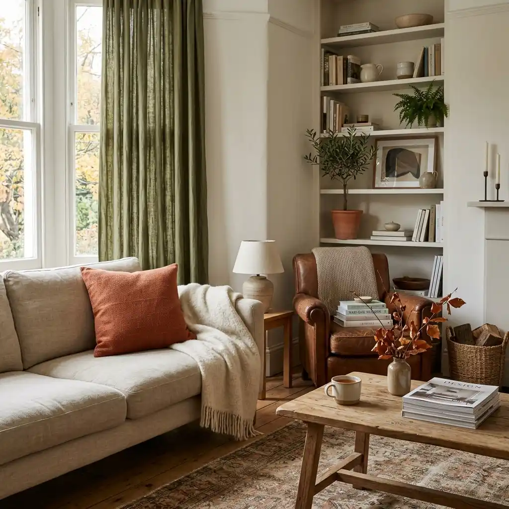 Living room in muted autumn tones with a soft white wall, olive curtains, and a single rust cushion
