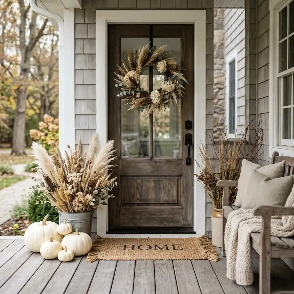 Neutral autumn porch with white pumpkins, dried grasses and a jute doormat instead of orange decor