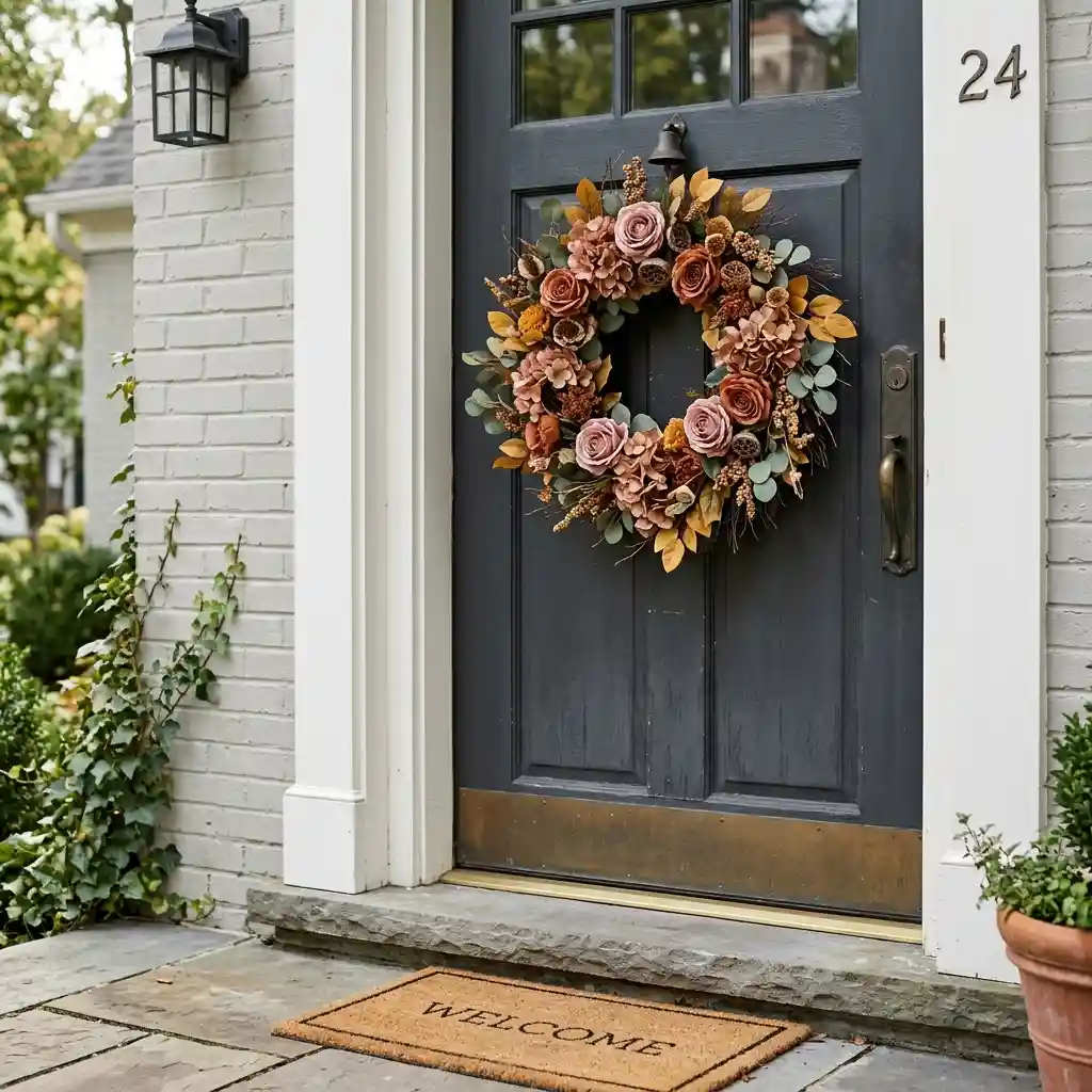 Faux bloom wreath in dusty rose, rust and ochre with matte petals on a charcoal door