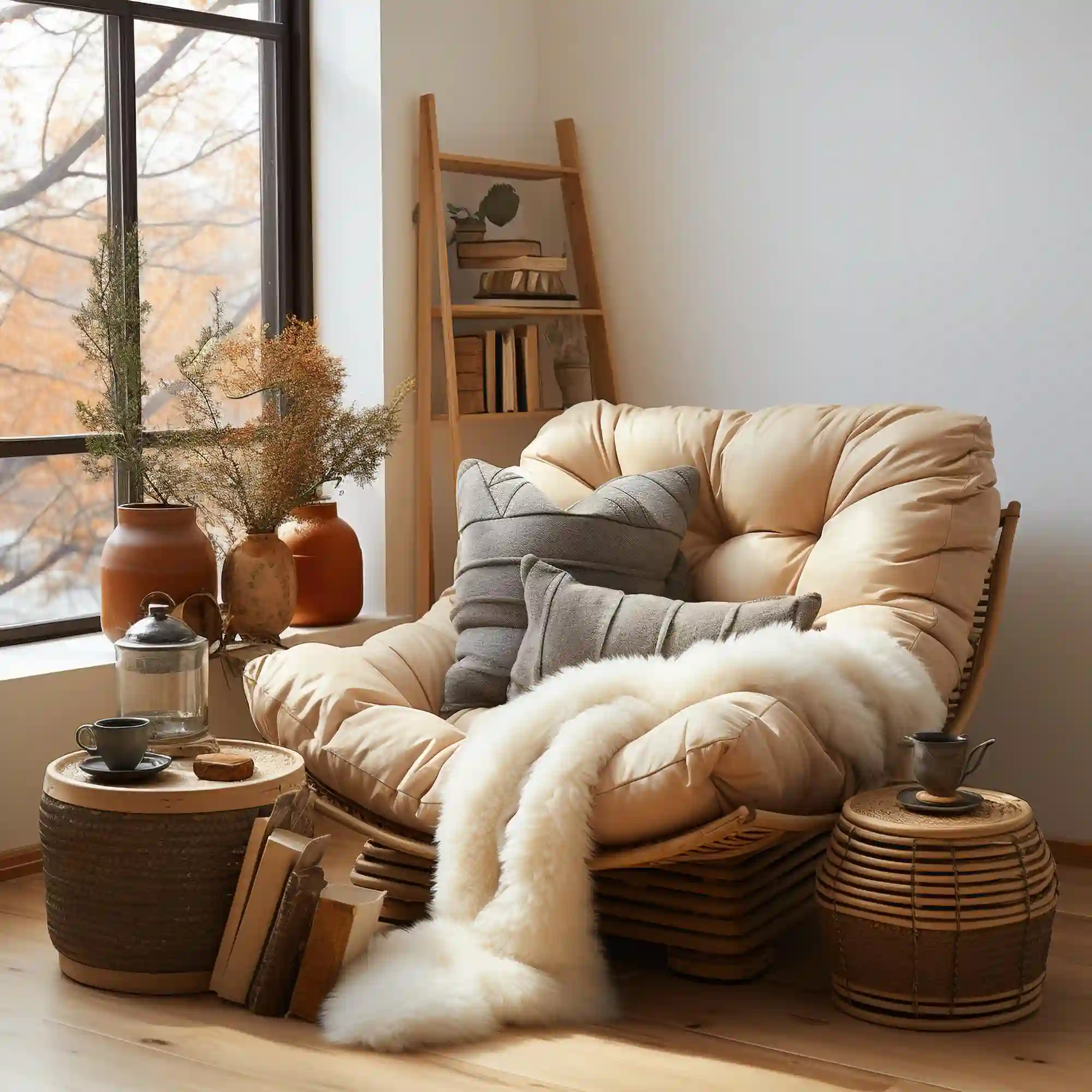 Terracotta accent wall paired with warm cream sofa, walnut side table and ochre cushions