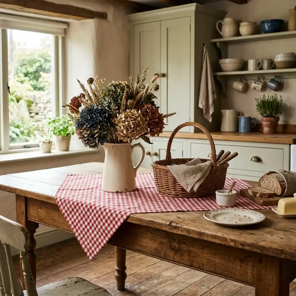 Cottage kitchen table with a red gingham cloth, an ironstone jug of dried hydrangea and wheat, a wicker basket and fresh bread