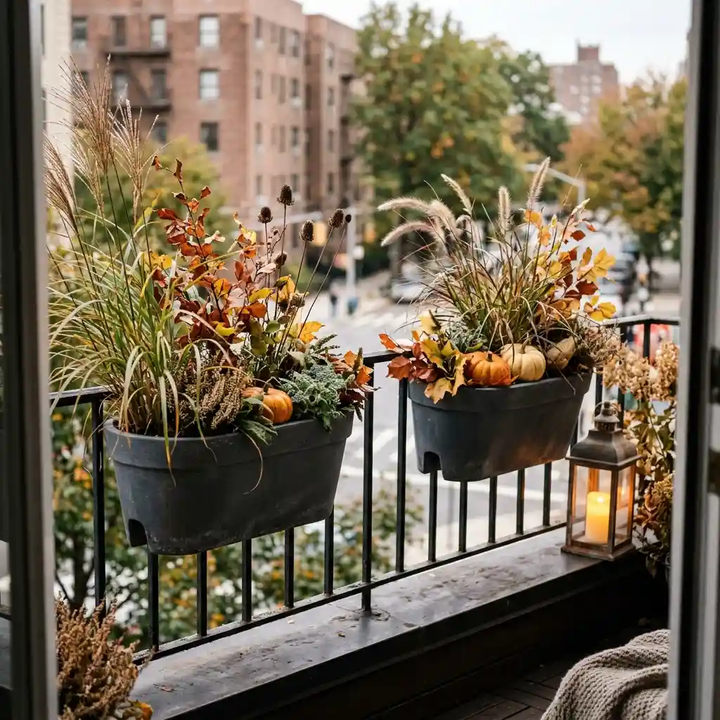 Two rail-mounted planter boxes on an apartment balcony filled with grasses, autumn foliage and small pumpkins beside a lit lantern
