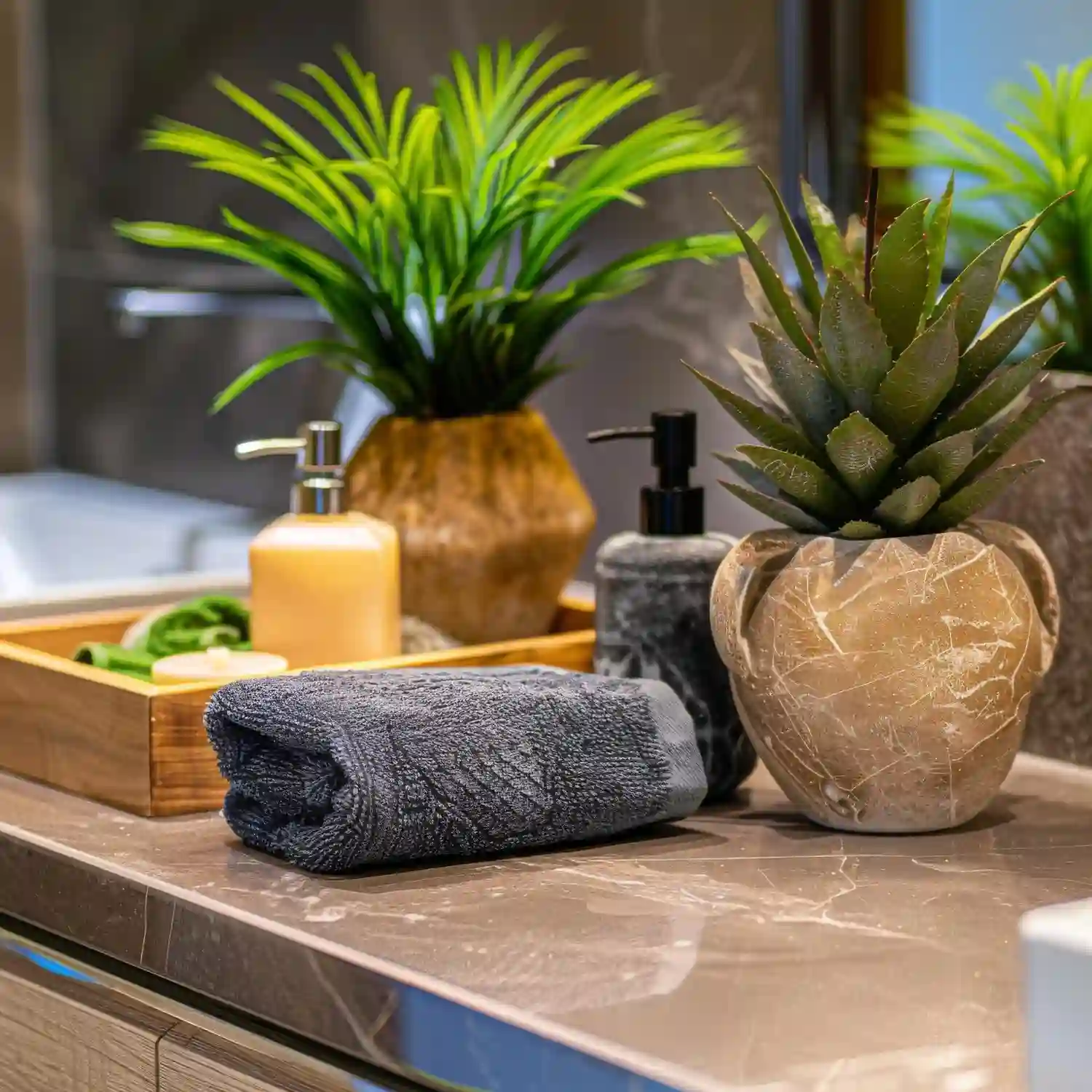 Natural bathroom textures with wood stool, stone soap dish, woven basket, and linen towels